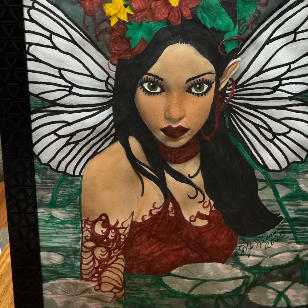 Mystical Fairy Art Portrait with Red and Green Highlights